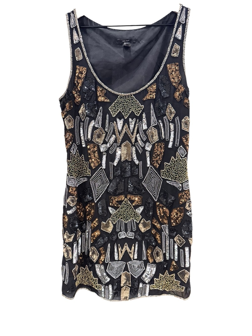 MNG Suit Beaded Sequin Mini Shift Dress Black Gold Silver L